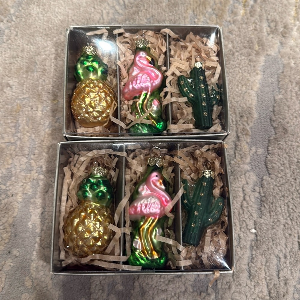 Pier 1 Glass Christmas Ornament Set of 3 (Flamingo, Cactus, Pineapple)New in box